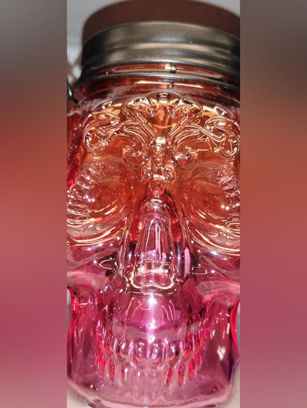 Orange & Pink Ombre Glass Skull Decorative Lantern